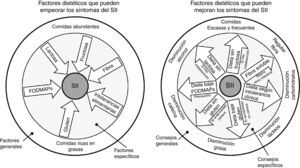 En el círculo de la izquierda se representa un resumen gráfico de los distintos factores dietéticos que pueden empeorar los síntomas de pacientes con síndrome del intestino irritable (SII), mientras que en el círculo de la derecha se representan las recomendaciones dietéticas que han demostrado mejorar la sintomatología. En la parte externa de los círculos se agrupan factores más generales y los consejos a aplicar. En la parte interna de los círculos se agrupan factores más específicos, así como los consejos a seguir en aquellos pacientes en los que estén indicados.