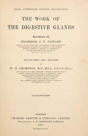 Portada del libro publicado en 1902 por Ivan P. Pawloff (1849-1936). La más importante contribución a la fisiología de la digestión.