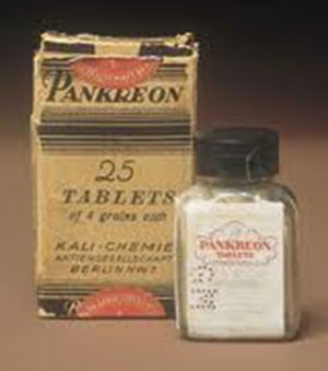 Primera presentación comercial de comprimidos de enzimas pancreáticas en 1900.