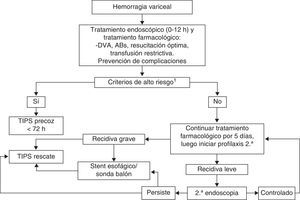 Flujograma de manejo del sangrado digestivo altos por hemorragia variceal esofago-gástrica. ABs: antibióticos (p. ej., norfloxacino, ceftriaxona); DVA: fármacos vasoactivos (terlipresina, octreótido, somatostatina). a GVPH ≥ 20 mmHg, CHILD B con sangrado activo en endoscopia inicial, CHILD C hasta 13 puntos.