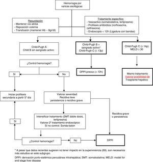 Algoritmo de tratamiento de la hemorragia digestiva alta por varices esofágicas en la cirrosis hepática.