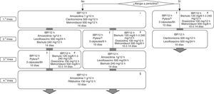 Algoritmo para el tratamiento inicial y de rescate de la infección por Helicobacter pylori. H: horas; IBP: inhibidor de la bomba de protones. * La terapia cuádruple con bismuto (IBP, bismuto, tetraciclina y metronidazol) podría ser una alternativa como tratamiento erradicador de primera línea, una vez que su eficacia sea confirmada en nuestro medio. † Existe una nueva formulación con todos los antibióticos incluidos en una única cápsula. # La tetraciclina clorhidrato/hidrocloruro por separado no está comercializada en España; se puede emplear en su lugar doxiciclina (100mg/12h), aunque la experiencia es mucho más limitada y existen dudas sobre su equivalencia terapéutica. § Se sugiere reevaluar cuidadosamente la necesidad de erradicar la infección.