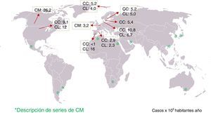 Distribución geográfica de colitis microscópica (CM) —colitis colágena (CC) y colitis linfocítica (CL)— en diferentes partes del mundo. Se describen las tasas de incidencia en las áreas geográficas donde se han realizado estudios de base poblacional.