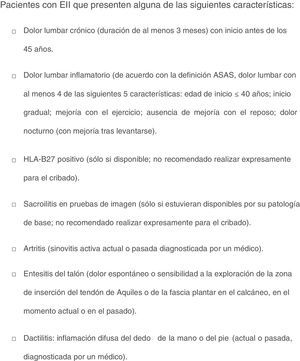 Criterios de cribado de SpA en pacientes con EII. Versión inicial.