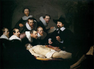 Óleo titulado Lección de anatomía del Dr. Nicholaes Tulp pintado por Rembrandt en 1632 (Museo Mauritshuis, La Haya, Países Bajos).
