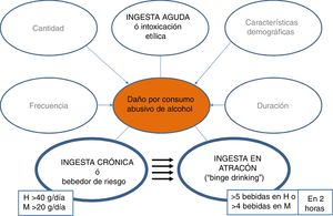 Factores implicados en el daño hepático por consumo de alcohol. H: hombre. M: mujer.