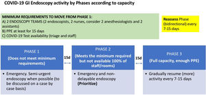 Dynamic phases of endoscopy activity in a high-risk area during covid-19 pandemic according to workforce, PPE availability and screening test capacity.
