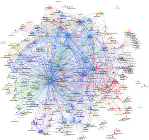 Representación gráfica de la red de usuarios de Twitter que utilizaron el hashtag #AEEH2020 entre el 10 y el 14 de febrero del 2020. Los datos fueron obtenidos y analizados con el software SocioViz (https://socioviz.net).