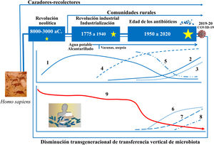 La microbiota asociada ancestralmente al Homo sapiens ha ido cambiando a lo largo del tiempo, así como su transmisión vertical de padres a hijos. El esquema cronológico muestra las sucesivas etapas, los principales factores y las consecuencias potencialmente derivadas de los cambios. 1: Tasa de enfermedades infecciosas: 2: Tasa de enfermedades alérgicas y autoinmunes; 3: Pasteurización y nuevos sistemas de conservación de alimentos; 4: Uso de antibióticos; 5: Actividad física; 6: Uso de fórmulas infantiles; 7: Consumo de alimentos procesados y/o ricos en grasas, azúcar y/o sal; 8: Tasa de cesáreas; 9: Diversidad de la microbiota asociada al cuerpo humano. Las estrellas indican grandes cambios en la composición de la microbiota intestinal, mayores cuando mayor es el tamaño de la estrella (diseño original de Juan Miguel Rodríguez).