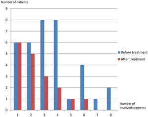 Hepatic segment involvement of hepatobiliary fascioliasis.