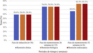 Remisión clínica, bioquímica y endoscópica en las diferentes fases de tratamiento evaluadas.