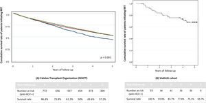 Comparison of survival rate with a historical cohort of patients with CKD. (A) OCATT five-year survival rate of three cohorts of patients undergoing renal replacement therapy. Blue line refers to anti-HCV positive patients who initiated renal replacement therapy (RRT) between the year 2000 and 2015. Red line corresponds to anti-HCV negative patients who initiated RRT between the years 2000 and 2010 and green line to anti-HCV negative patients who initiated RRT between the years 2011 and 2019. As we can see, anti-HCV positive (blue) patients have a significantly lower survival rate than both anti-HCV negative cohorts (red and green lines). (B) VieKinD five-year survival rate of the 53 patients who were under renal replacement therapy prior to initiation of DAA therapy. † CKD: chronic kidney disease; OCATT: Organització Catalana de Transplantaments; RRT: renal replacement therapy; DAA: direct-acting antiviral.