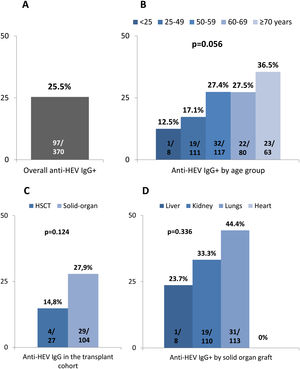Anti-HEV IgG (seroprevalence) in the overall cohort (panel A) and according to: age (panel B), type of transplantation (solid organ vs. stem cell; panel C) and amongst the different solid organ grafts (panel D).