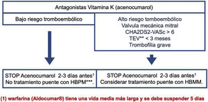 Gestión de la anticoagulación con acenocumarol en las PEA/F que requieren CS. La CS se debe considerar siempre una exploración de alto riesgo hemorrágico por la posibilidad de hallar lesiones susceptibles de tratamiento, y así evitar nuevas exploraciones. HBPM: heparina de bajo peso molecular; TE: tromboembólico; TEV: tromboembólica venosa.