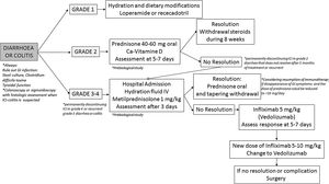 Proposed management of immune checkpoint inhibitors-induced diarrhea or colitis according to the CTCAE grading.