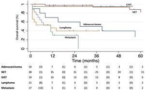 Kaplan–Meier survival function of malignant small bowel tumors according to histological subtype. Survival at risk table is presented before the graph with total sample by each histopathological subtype along the follow up and deaths per period in parenthesis.