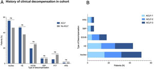 History of decompensation before admission. (A) The diagram shows the percentage of patients with ACLF and without ACLF who had a history of having had some decompensations. No significant differences were observed between the groups in the history of ascites (p=0.144); HE (p=0.139); EGVB (p=310); SBP (p=0.959); PVT (p=0.105) and SHR (p=850). (B) The figure shows the number of patients who had episodes of decompensation before admission according to the degree of ACLF. ns: no statistically significant; HE: hepatic encephalopathy; EGVB: esophageal varices bleeding; SBP: spontaneous bacterial peritonitis; PVT: Portal vein thrombosis; HRS: hepato-renal syndrome.