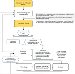 Algoritmo de manejo de la DS en pacientes con EII. DS: disfunción sexual; EII: enfermedad inflamatoria intestinal; FSFI: índice de la función sexual femenina108; IIEF: índice de la función sexual masculina107; IBD-FSDS: Specific Female Sexual Dysfunction Scale12; IBD-MSDS: Specific Male Sexual Dysfunction Scale9.