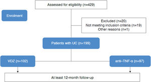 Disposition of patients with UC in the EVOLVE-IBERIA study. A schematic representation of patients included in the EVOLVE-IBERIA study. TNF-α, tumor necrosis factor-alpha; UC, ulcerative colitis; VDZ, vedolizumab.