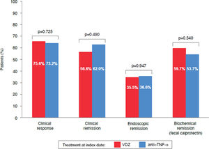 Effectiveness at Week 52. Rates, expressed as percentages, of clinical response, clinical remission, endoscopic remission and biochemical remission among patients with UC in the VDZ (red) and anti-TNF-α (teal) cohorts. Differences between cohorts were compared by means of t-tests, with a bilateral significance level of 0.05. CRP, C-reactive protein; TNF-α, tumor necrosis factor-alpha; UC, ulcerative colitis, VDZ, vedolizumab.