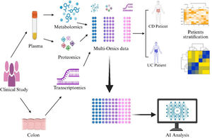 Integration of multi-omics and AI for patient stratification in IBD. (Clinical studies collecting plasma and colon samples enable multi-omics profiling, including metabolomics, proteomics, and transcriptomics. The resulting datasets are integrated and analysed using artificial intelligence (AI) tools to differentiate Crohn