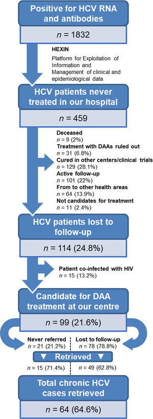 Patients who met study inclusion criteria and outcome of the analysis. DAA: direct-acting antiviral; HCV: hepatitis C virus.