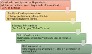Esquema de flujo conceptual del proceso de elaboración de la revisión con enfoque en el contexto español. El trabajo se basa en las aportaciones de expertos en el marco de la Cátedra de Investigación en Hepatología, 2025, a partir de las cuales se definieron los principales ejes temáticos relacionados con la eliminación del VHC en España. Posteriormente, se realizó una búsqueda bibliográfica, selección de estudios y síntesis narrativa de la evidencia científica, integrando tanto el contexto nacional como la comparación internacional.