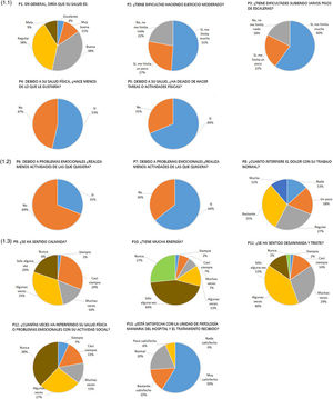 Preguntas y respuestas de SF-12. (1.1) Primera pregunta del SF-12 sobre percepción de la propia salud y esfuerzo físico. (1.2) Preguntas sobre emociones, sensaciones y dolor. (1.3) Preguntas sobre el estado anímico, vida social y la unidad de patología mamaria del Hospital Germans Trias i Pujol.