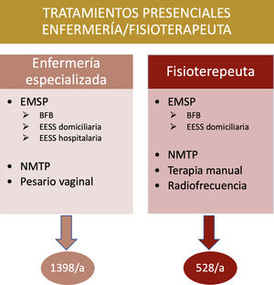 Tipos de tratamientos presenciales de enfermería especializada y fisioterapia y números de procedimientos que realiza cada profesional en un año. BFB: biofeedback; EESS: electroestimulación; EMSP: entrenamiento muscular del suelo pélvico; NMTP: neuromodulación del tibial posterior.