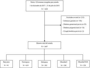 Diagrama de flujo que representa la selección y estratificación de la muestra.