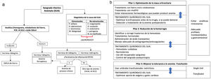 Algoritmo del PBM en el sangrado uterino anómalo (SUA). Ante una paciente con SUA, las primeras acciones a seguir son, paralelamente, diagnóstico de la causa del sangrado y evaluación analítica del hemograma y valores del metabolismo del hierro. Lo más frecuente es encontrar un déficit de hierro con o sin anemia, pero hay que tener en cuenta que puede haber otras causas de anemia que pueden también superponerse a la anemia ferropénica, según las causas del SUA menos frecuentes (p.ej., neoplasias).