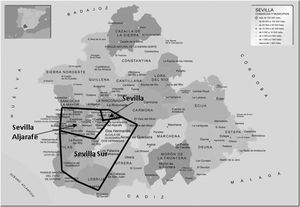 Localización de las 3 zonas incluidas en el estudio en la provincia de Sevilla. Sevilla capital, Sevilla-Aljarafe y Sevilla sur.