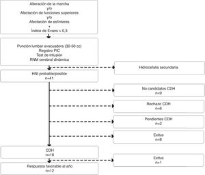 Diagrama de flujo diagnóstico y terapéutico de los pacientes con sospecha de hidrocefalia. CDH: cirugía derivativa de hidrocefalia; HNI: hidrocefalia normotensiva idiopática; PIC: presión intracraneal; RNM: resonancia nuclear magnética.