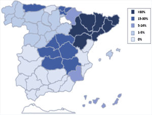 Mapa nacional de 52.215 pacientes del RNFC ubicados al alta en URF analizados desde 2017 a 2022 entre las distintas comunidades autónomas. El RNFC no dispone de datos de La Rioja ni de Ceuta y Melilla. RNFC: Registro Nacional de Fracturas de Cadera; URF: Unidad de Recuperación Funcional.