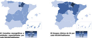 Distribución autonómica de recursos disponibles para el abordaje de EA en España. A)Consultas monográficas o unidades especializadas en demencias. B)Ensayos clínicos.