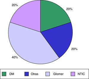 Principal etiología de ERC. Porcentaje de pacientes en HD tratados con calcimiméticos: DM: diabetes mellitus; Glomer: glomerulares; NTIC: nefropatía tubulointersticial crónica.