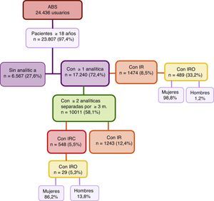 Esquema del estudio. IR: insuficiencia renal; IRC: insuficiencia renal crónica; IRO: insuficiencia renal oculta.