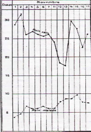 Prueba de la «poliuria experimental» de Joaquín Albarrán. Ante el estímulo acuoso, el riñón sano (rein sain) se adapta aumentando el volumen urinario y el enfermo (rein malade), no14.