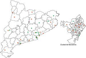 Localización geográfica en Cataluña de los centros de hemodiálisis (HD), diálisis peritoneal (DP) y trasplante renal (TR).
