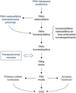 – Orden de realización del acceso vascular. CVC: catéter venoso central; FAVn: fístula arteriovenosa nativa; FAVp: fístula arteriovenosa protésica. En negro: secuencia principal.