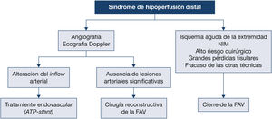 Síndrome de hipoperfusión distal. ATP: angioplastia transluminal percutánea; FAV: fístula arteriovenosa; NIM: neuropatía isquémica monomiélica.