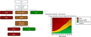 Cálculo de probabilidad de fractura con ayuda de FRAX® (fracture probability según los factores de riesgo [CRF]). Los niveles de riesgo de fractura altos (high), intermedios (intermediate) y bajos (low) son variables según guías y países. En Estados Unidos y Reino Unido se considera que un riesgo de fractura mayor osteoporótica a los 10 años ≥ 20% o un riesgo de fractura de cadera ≥ 3% es elevado, 10-20% como riesgo intermedio (aconsejaría densitometría [BMD, bone mineral density] y recálculo) y < 10% como riesgo bajo (cifras basadas en coste-efectividad). Algunas guías (ver fig. 4) recomiendan recalcular FRAX (reassess probability) con DMO tanto para los pacientes con riesgo intermedio como elevado para tartar (treat) (la DMO también servirá para valorar la respuesta al tratamiento)26.