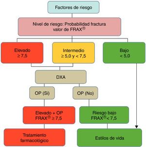 Diagrama de decisiones de acuerdo con la opción más coste-efectiva en la cohorte española FRIDEX de mujeres españolas (población general) que no recibieron tratamiento durante los 10 años de seguimiento47. DXA o DEXA: Dual-Energy X-ray absorptiometry; OP: osteoporosis.