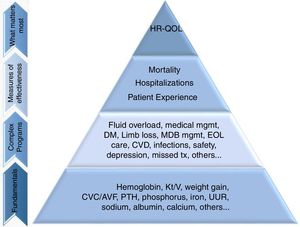 The patient-focused quality pyramid. “Fundamentals” are the basic clinical data, “Complex Programs” refers to clinical programs based on fundamental clinical areas; “Measures of effectiveness” refers to primary outcomes driven by lower complex programs and fundamental clinical areas of focus; “What matters most” are the outcomes that improve HR-QOL. AVF, arteriovenous fistula; CVD, cardiovascular disease; CVC, central venous catheter; EOL, end of life; HR-QOL, health-related quality of life; MBD, mineral and bone disorder; Med, medical; mgmt, management; Pt., patient; PTH, parathyroid hormone; tx, treatment; URR, urea reduction ratio. Adapted from Ref. 31.