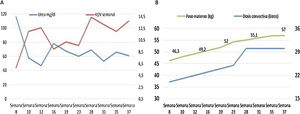 Evolución a lo largo del embarazo: A) Niveles de los valores de uremia y Kt/V semanal. B) Peso materno en kilogramos y dosis convectiva en litros.