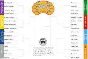 NephMadness 2019 brackets. NephMadness is an online initiative that leverages the tools of social media to teach about the latest and greatest breakthroughs in the field of nephrology based on the premise of the “March Madness” basketball tournament. 32 nephrology concepts are divided into eight main topics (regions) with four subtopics (teams), where the participant decides which topic is more relevant in each direct matchup.70