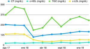 Evolución del perfil lipídico en paciente en DP bajo tratamiento con alirocumab.