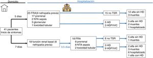 Diagrama de flujo de pacientes ingresados por COVID-19. FRA: fracaso renal agudo; HD: hemodiálisis; HDFVVC: hemodiafiltración veno-venosa continua; NTA: necrosis tubular aguda; TSR: tratamiento sustitutivo renal.