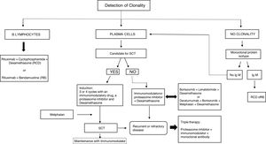 Treatment algorithm for MGRS. SCT (stem cell transplantation), immunomodulator (thalidomide, lenalidomide, pomalidomide), proteasome inhibitor (bortezomib, carfilzomib, ixazomib), monoclonal antibodies (daratumumab, elotuzumab).