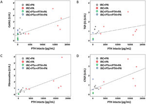 Correlaciones entre marcadores moleculares de fibrosis cardiaca y niveles séricos de PTH intacta. Gráfico de dispersión simple de las correlaciones de los niveles séricos de PTH intacta con A) ARNm colágeno 1 (U.R.), B) ARNm TGF-βI (U.R.), ARNm fibronectina (U.R.), D) ARNm CTGF (U.R.) en el corazón de ratas de todos los grupos de tratamiento.